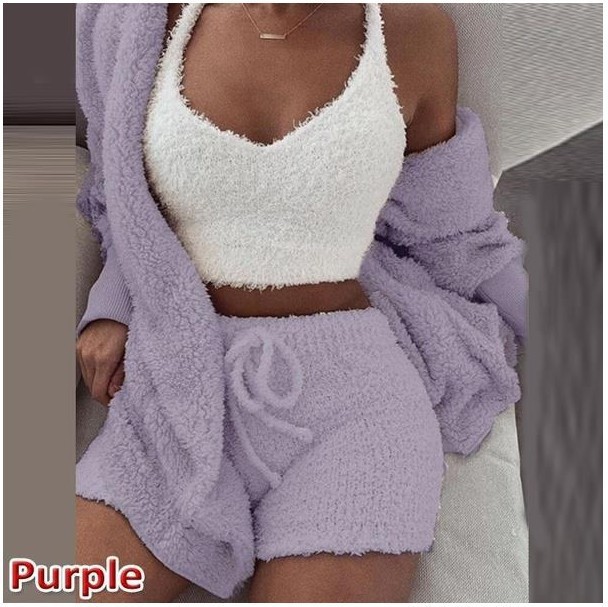 3PCS Set Sexy Fluffy Velvet Hooded Cardigan Coats Shorts Crop Tops Tracksuit Plus Size Women Suits