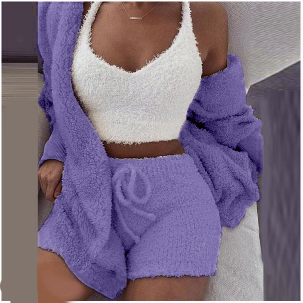 3PCS Set Sexy Fluffy Velvet Hooded Cardigan Coats Shorts Crop Tops Tracksuit Plus Size Women Suits