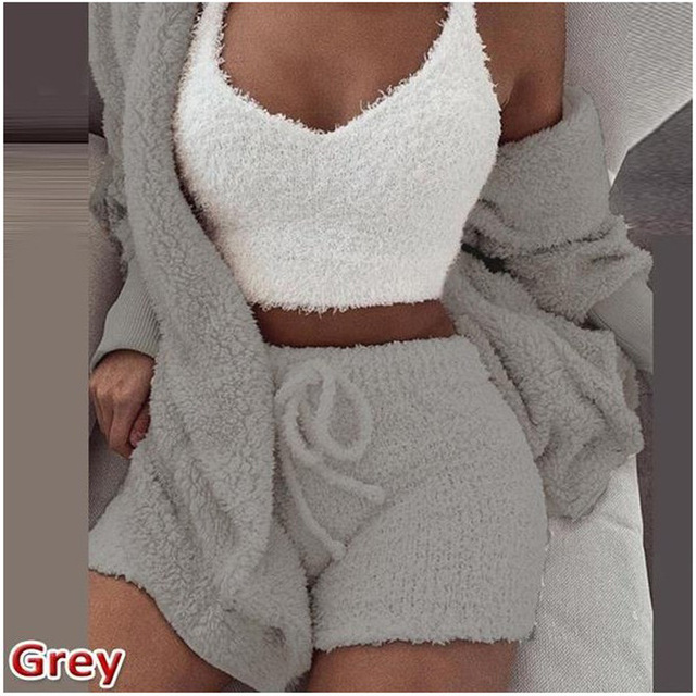 3PCS Set Sexy Fluffy Velvet Hooded Cardigan Coats Shorts Crop Tops Tracksuit Plus Size Women Suits