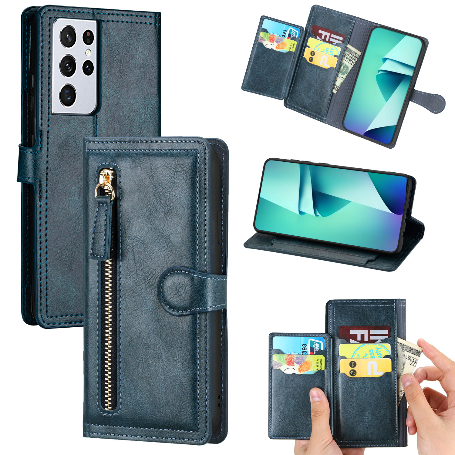 New Luxury Leather Zipper Wallet Case For iPhone Samsung Phones Card Holder Stand Phone Cases Cover