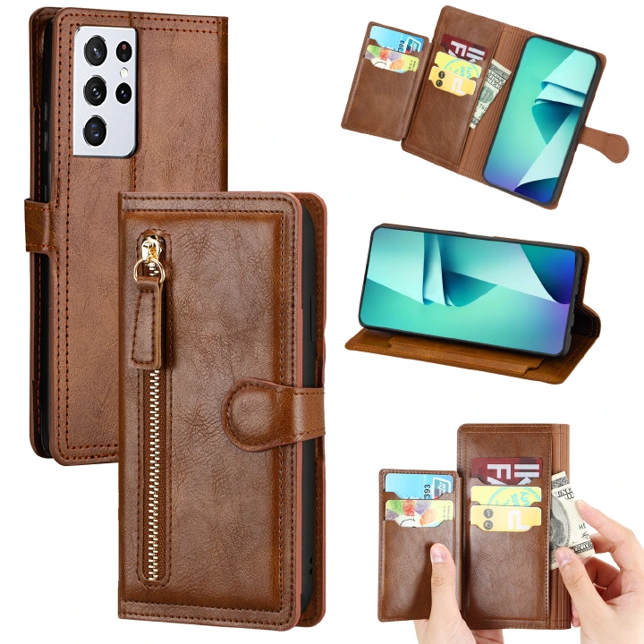 New Luxury Leather Zipper Wallet Case For iPhone Samsung Phones Card Holder Stand Phone Cases Cover