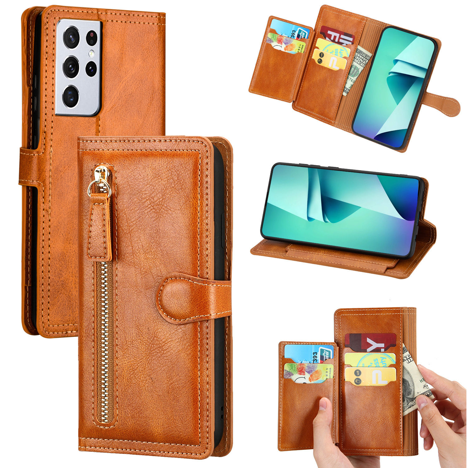 New Luxury Leather Zipper Wallet Case For iPhone Samsung Phones Card Holder Stand Phone Cases Cover
