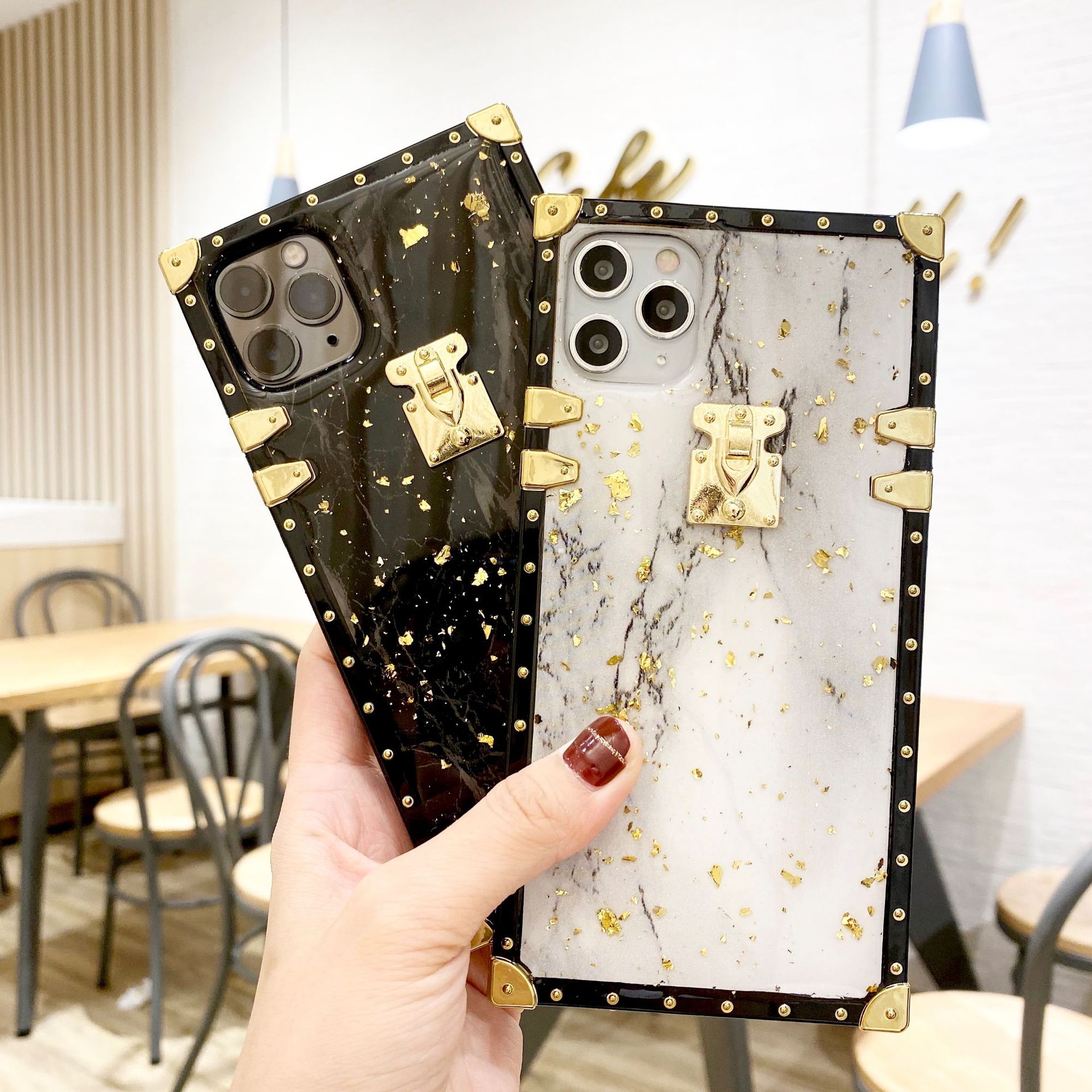 Luxury Bling Gold Foil Marble Square Phone Case For iPhone 12 11 7 8Plus XS Max Glitter Phone Covers