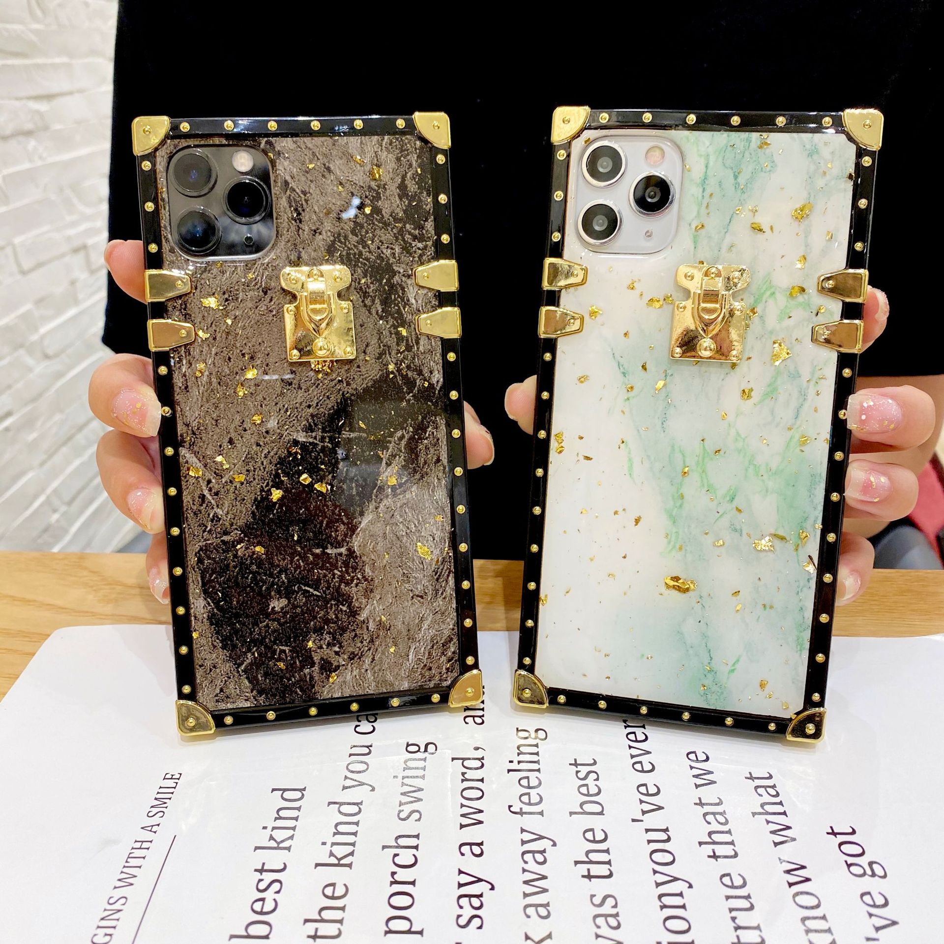 Luxury Bling Gold Foil Marble Square Phone Case For iPhone 12 11 7 8Plus XS Max Glitter Phone Covers