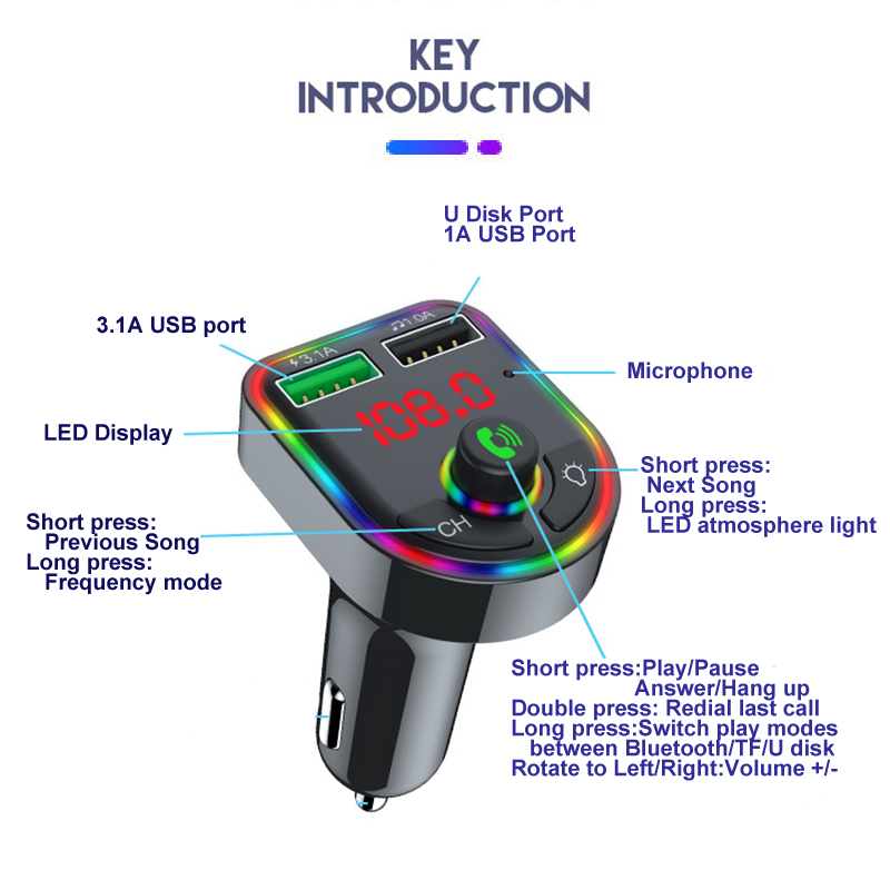 New Ambient Light Bluetooth FM Transmitter Car MP3 Player Wireless Handsfree Audio Receiver USB Fast Charge TF U Disk play