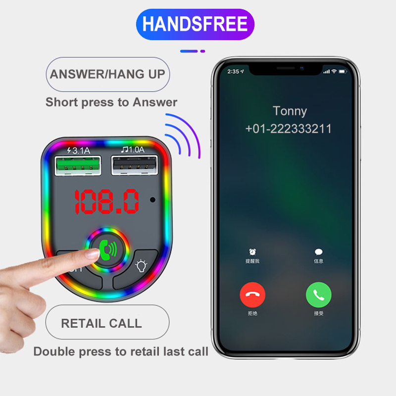 New Ambient Light Bluetooth FM Transmitter Car MP3 Player Wireless Handsfree Audio Receiver USB Fast Charge TF U Disk play