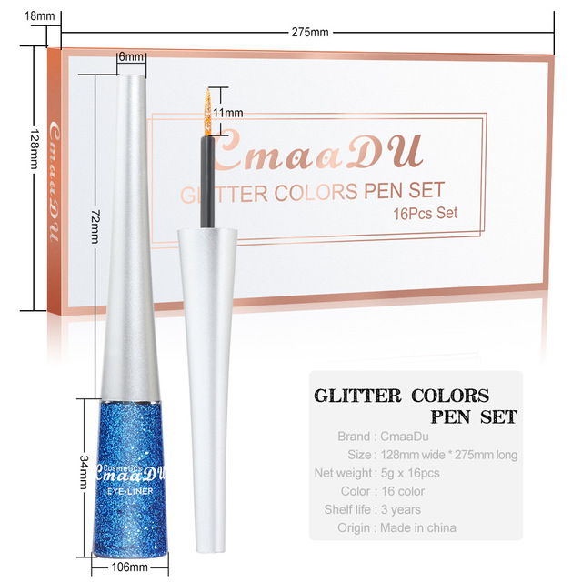16PCS/Set Liquid Eyeliner Set Shiny Glitter Powder Gel Eyeliner Quick-drying Long Lasting Eye Liner Cosmetics Makeup Gifts
