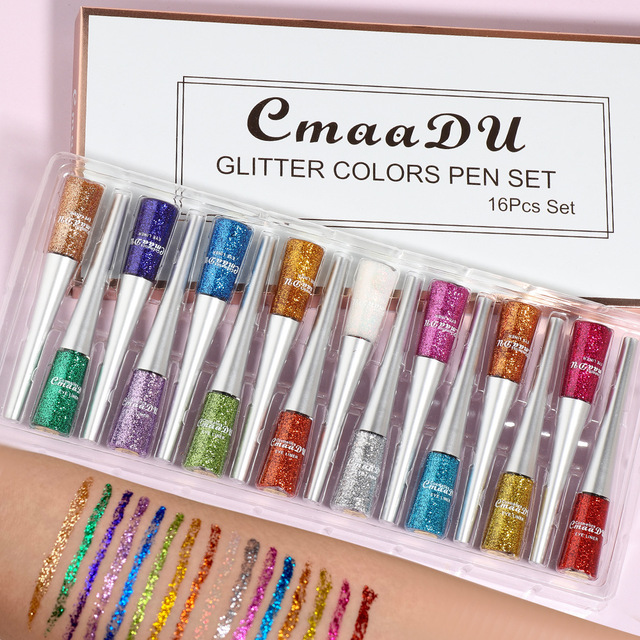 16PCS/Set Liquid Eyeliner Set Shiny Glitter Powder Gel Eyeliner Quick-drying Long Lasting Eye Liner Cosmetics Makeup Gifts