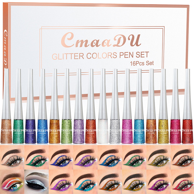 16PCS/Set Liquid Eyeliner Set Shiny Glitter Powder Gel Eyeliner Quick-drying Long Lasting Eye Liner Cosmetics Makeup Gifts