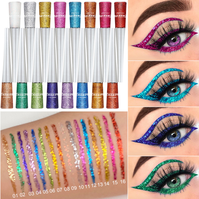 16PCS/Set Liquid Eyeliner Set Shiny Glitter Powder Gel Eyeliner Quick-drying Long Lasting Eye Liner Cosmetics Makeup Gifts