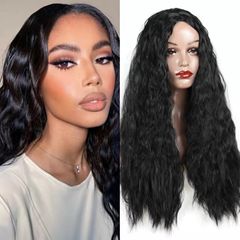 New Brazilian Water Wave Wigs Synthetic Hair Long Curly Wig Middle Part Black Kinky Curly Wigs Heat Resistant Fiber Wig Black 29inch