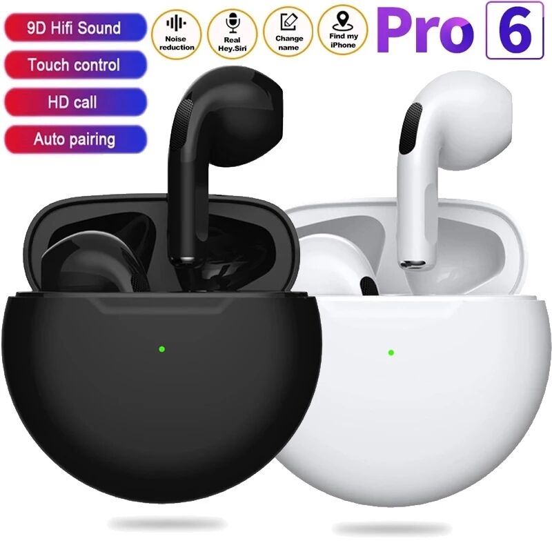 Pro6 TWS Wireless Earphones HiFi Earpiece With Mic Tws Bluetooth Earphones Noise Cancle Earpods For All Smart Phones