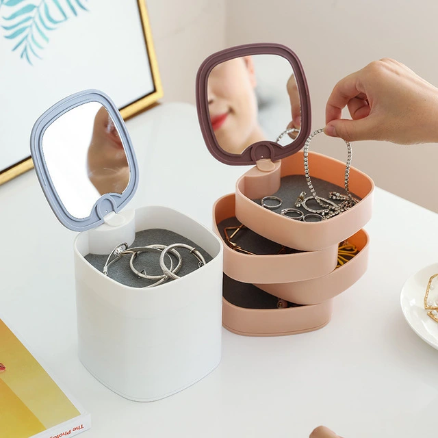 Four-layer Rotating Jewelry Box with Makeup Mirror Desktop Earrings Earrings Ring Jewelry Storage Box Tray Gifts Sales
