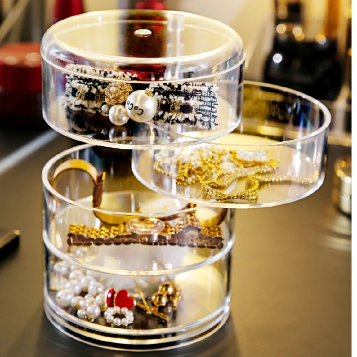 New Transparent 4Layers Rotatable Jewelry Box Fashion Jewelry Organizer Earrings Ring Storage Box Cosmetics Beauty Container
