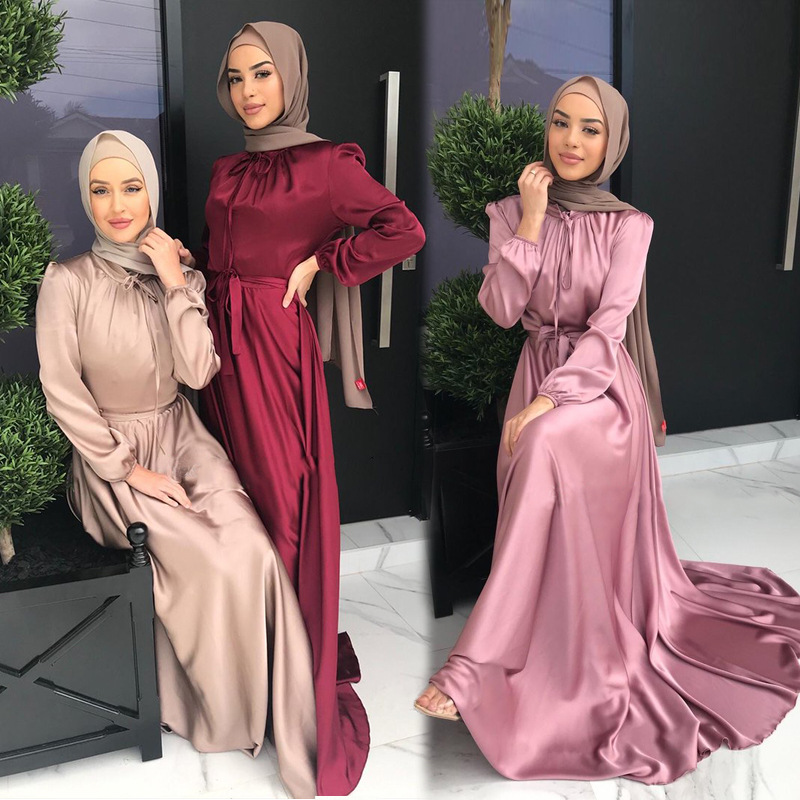 New Satin Long Maxi Dresses Women Muslim Abaya Caftan Marocain Saudi Turkey Robe Arabe Islam Clothing Abayas