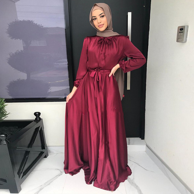 New Satin Long Maxi Dresses Women Muslim Abaya Caftan Marocain Saudi Turkey Robe Arabe Islam Clothing Abayas