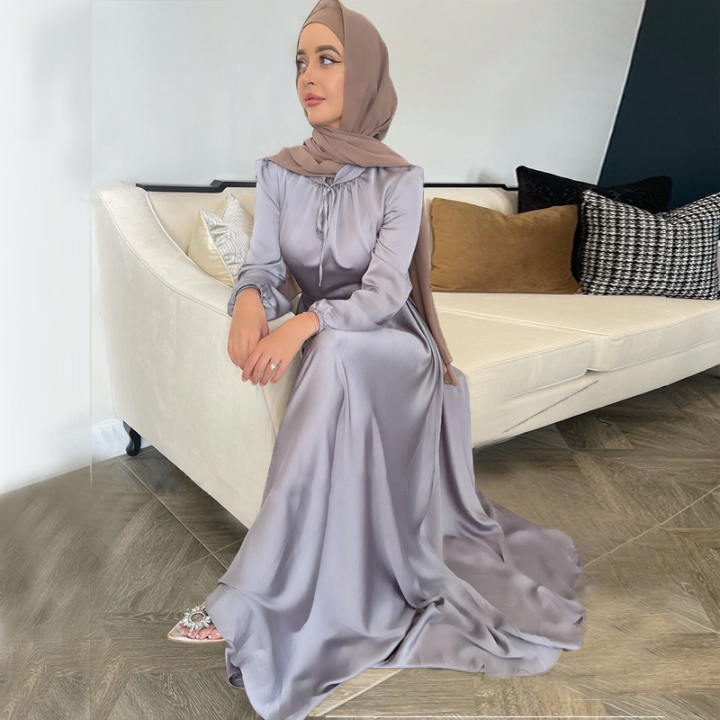 New Satin Long Maxi Dresses Women Muslim Abaya Caftan Marocain Saudi Turkey Robe Arabe Islam Clothing Abayas