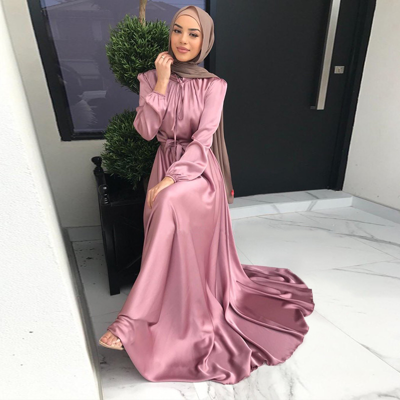 New Satin Long Maxi Dresses Women Muslim Abaya Caftan Marocain Saudi Turkey Robe Arabe Islam Clothing Abayas