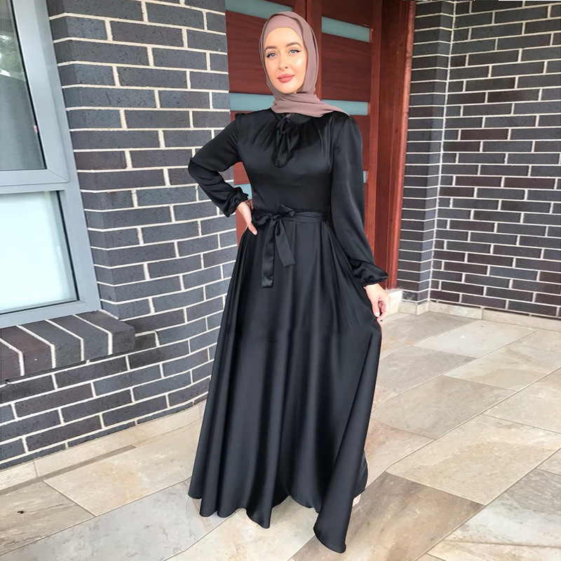 New Satin Long Maxi Dresses Women Muslim Abaya Caftan Marocain Saudi Turkey Robe Arabe Islam Clothing Abayas