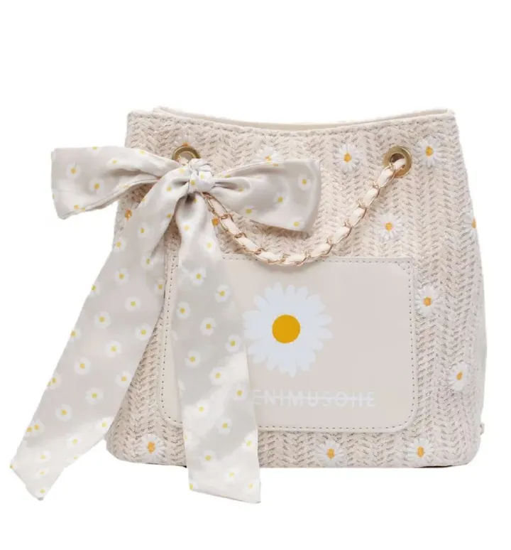 New Vacation Women Woven Lace Shopping Bag Shoulder Bags Ladies Silk Scarf Daisy Handbags Beach  Large Capacity Tote Pouch