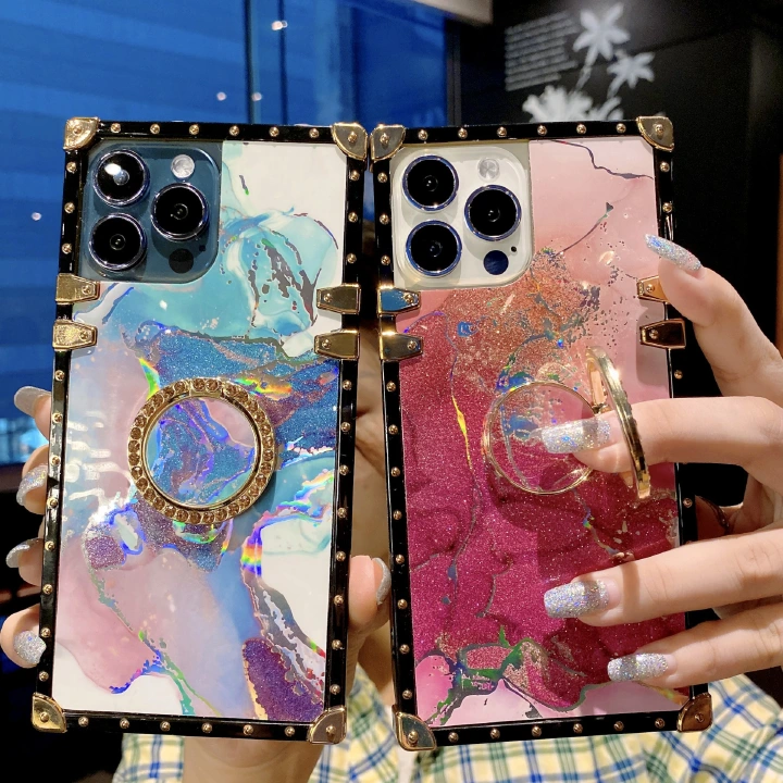New Marble Phone Cases Luxury 3D Bracket Ring Square Cases for iPhone Samsung OPPO Huawei Phones Covers