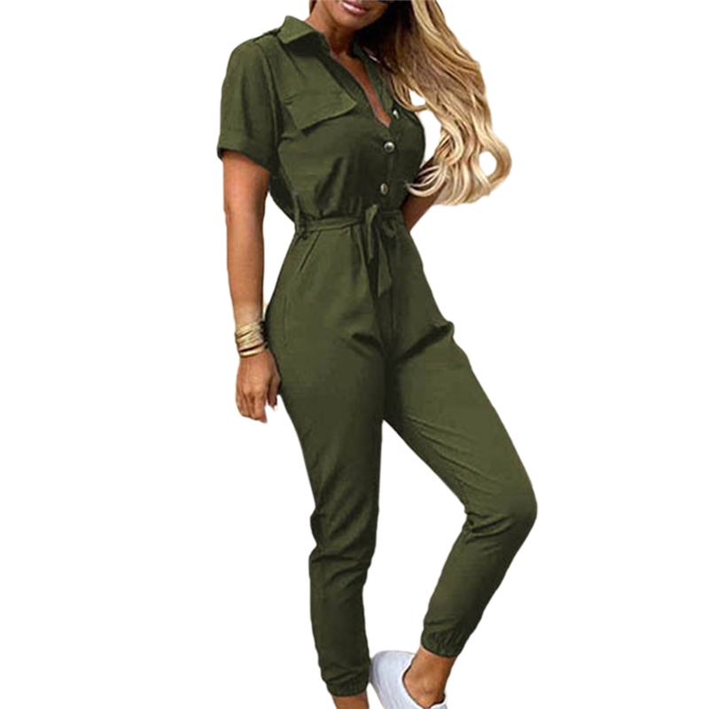 New Women Jumpsuit Summer Casual Jumpsuits Lapel Printed Belt Work Overalls Ladies  Hot Selling Sexy Button Plus Size Trousers