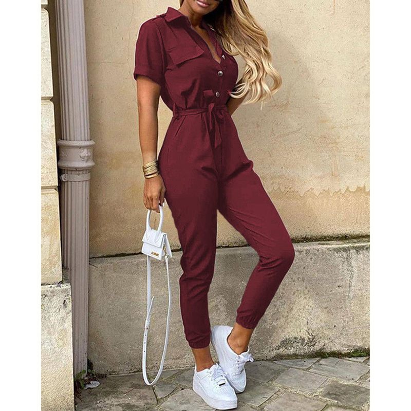 New Women Jumpsuit Summer Casual Jumpsuits Lapel Printed Belt Work Overalls Ladies  Hot Selling Sexy Button Plus Size Trousers
