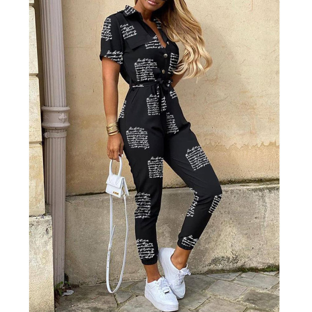 New Women Jumpsuit Summer Casual Jumpsuits Lapel Printed Belt Work Overalls Ladies  Hot Selling Sexy Button Plus Size Trousers