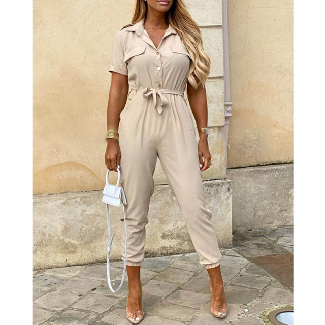 New Women Jumpsuit Summer Casual Jumpsuits Lapel Printed Belt Work Overalls Ladies  Hot Selling Sexy Button Plus Size Trousers