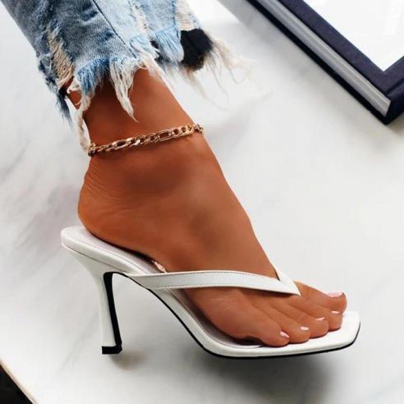 Stylish Women Heels Flip Flops Black High Heels White Sandals Women Mules Slippers Ladies Summer Shoes