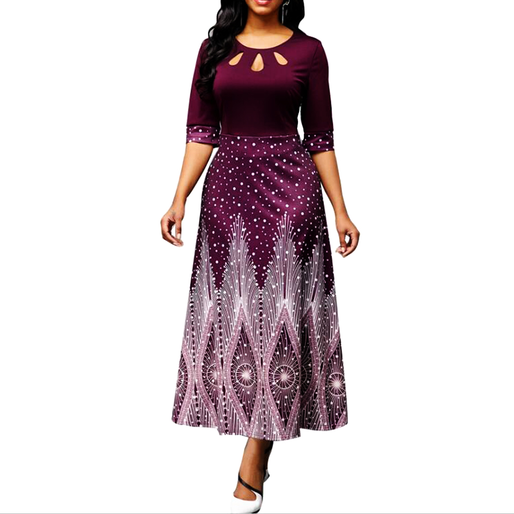 New Dresses Vintage Print Party Dress Plus Size Women Dresses Elegant O Neck Hollow Out Slim Office Ball Gown Maxi Dresses