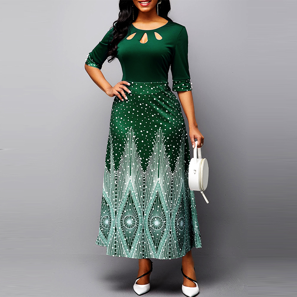 New Dresses Vintage Print Party Dress Plus Size Women Dresses Elegant O Neck Hollow Out Slim Office Ball Gown Maxi Dresses