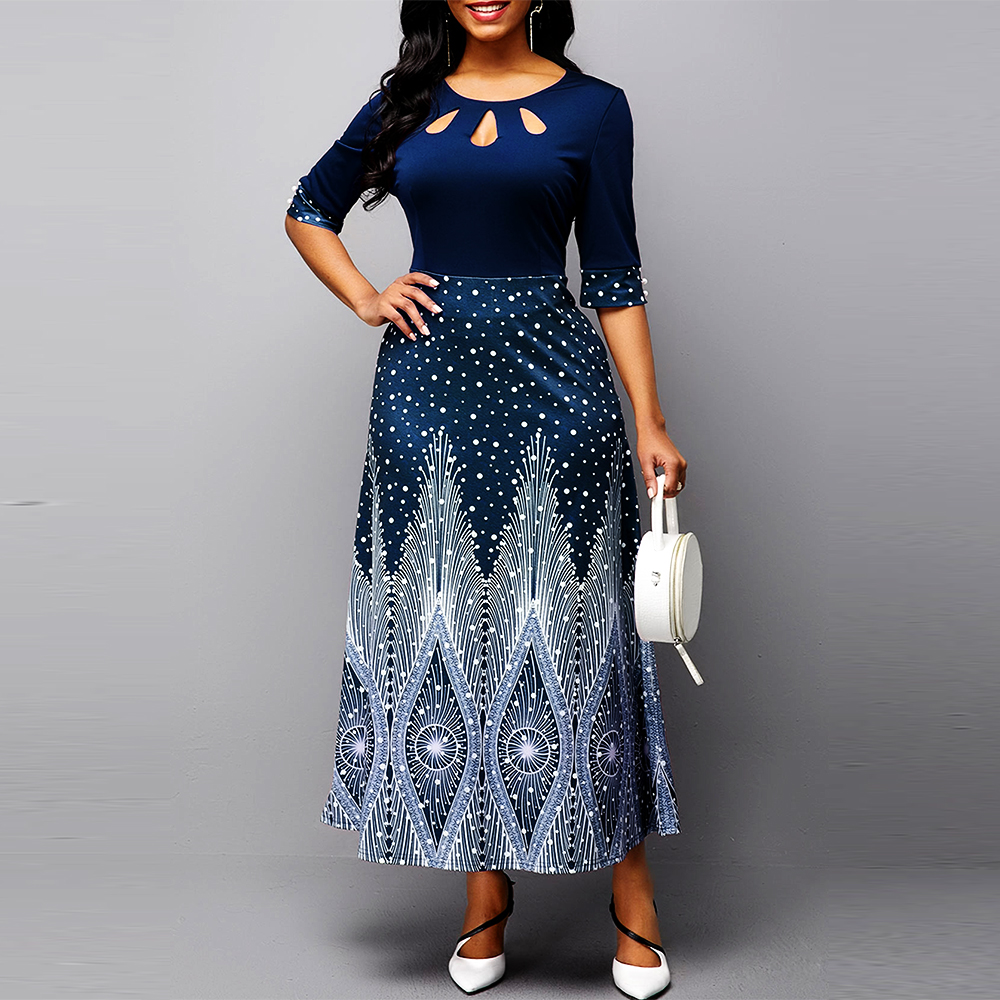 New Dresses Vintage Print Party Dress Plus Size Women Dresses Elegant O Neck Hollow Out Slim Office Ball Gown Maxi Dresses