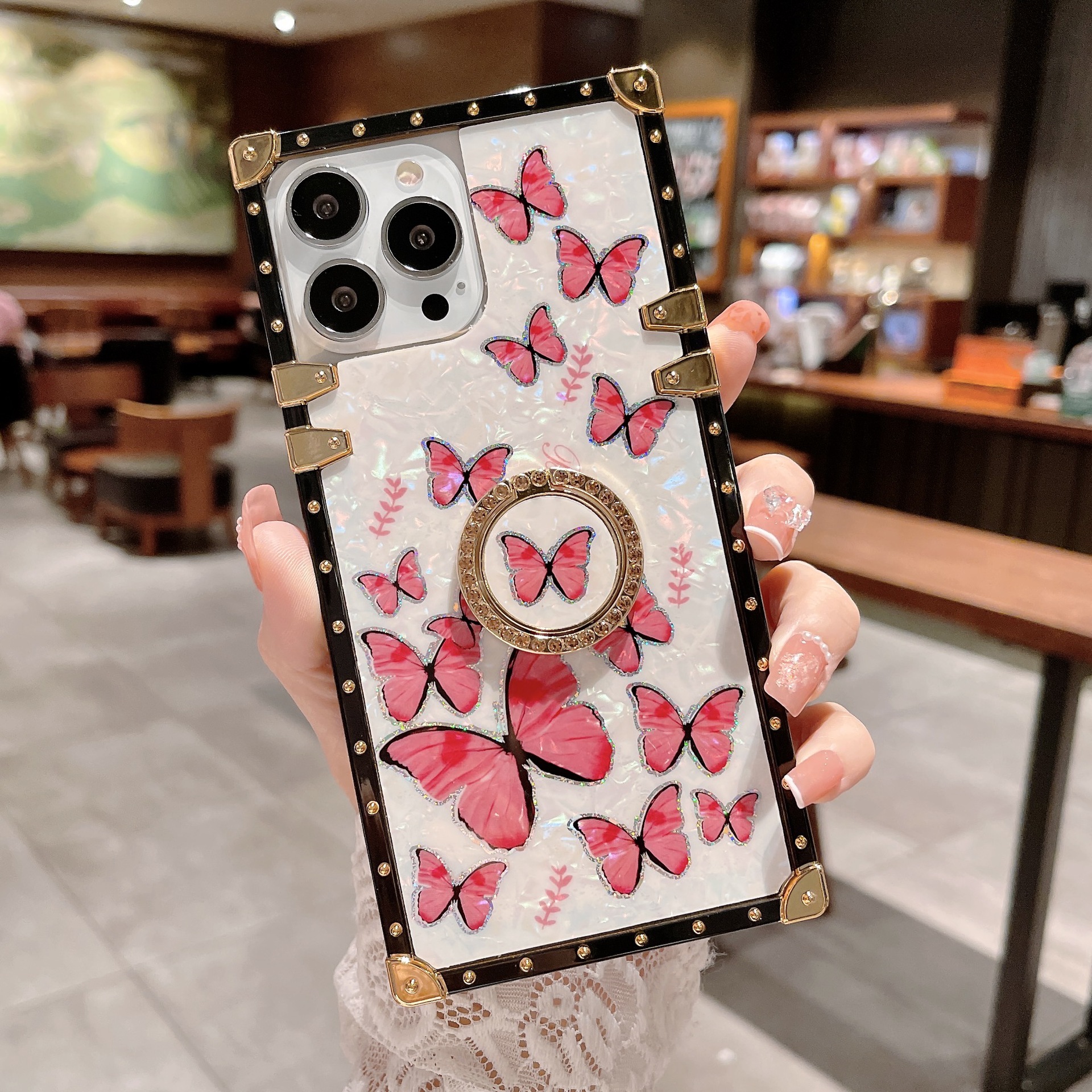 New Glitter Shell Butterfly Square Phone Case Ring Holder For Infinix Tecno iPhone Samsung OPPO Huawei Phones Covers