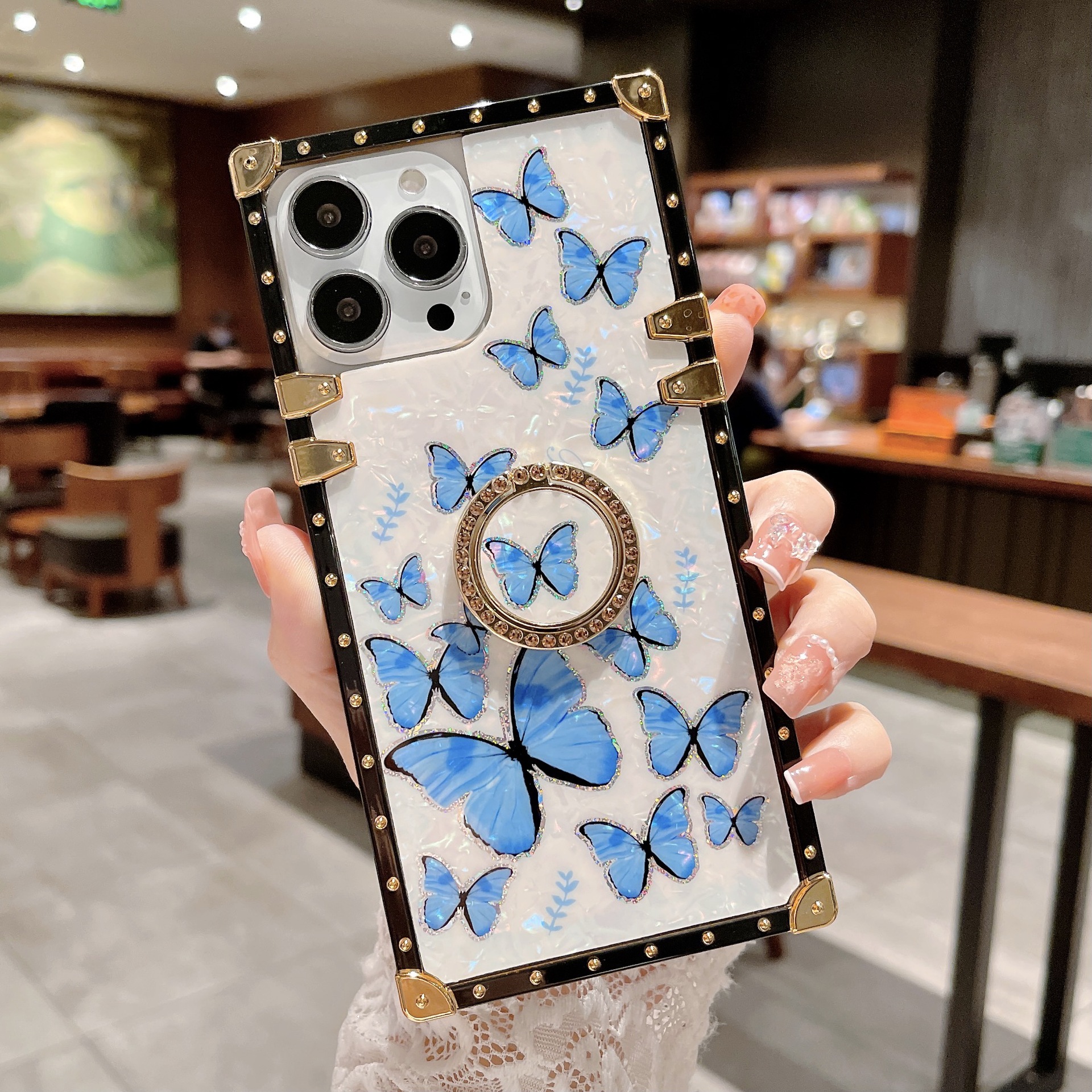 New Glitter Shell Butterfly Square Phone Case Ring Holder For Infinix Tecno iPhone Samsung OPPO Huawei Phones Covers