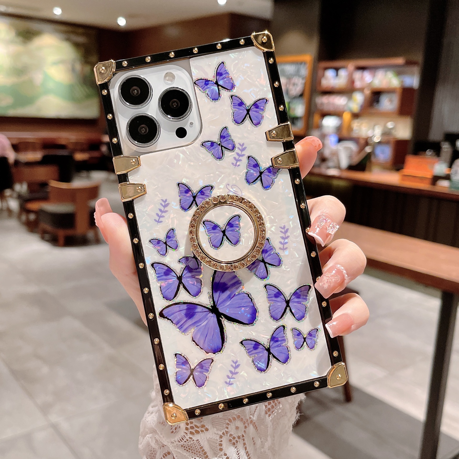 New Glitter Shell Butterfly Square Phone Case Ring Holder For Infinix Tecno iPhone Samsung OPPO Huawei Phones Covers