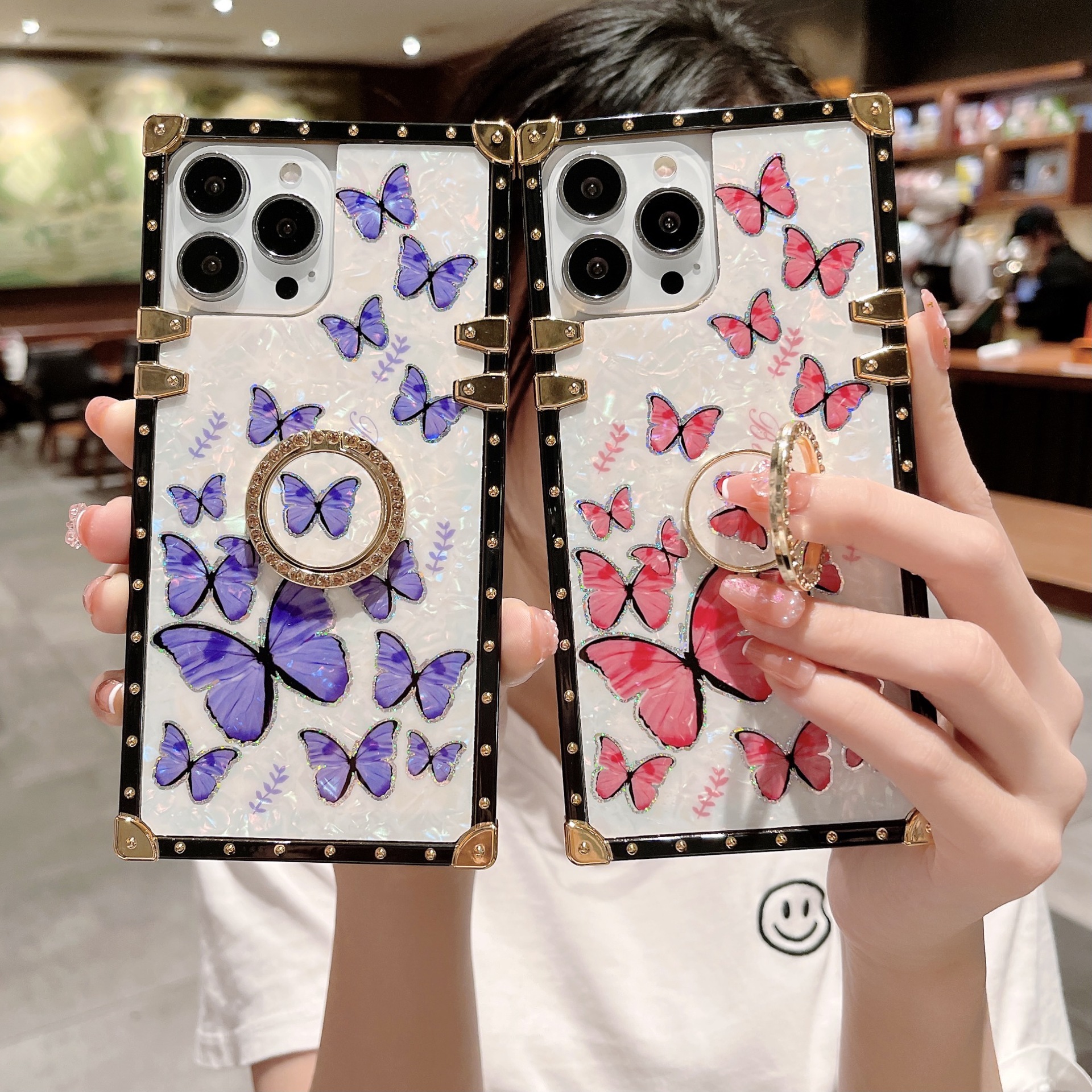 New Glitter Shell Butterfly Square Phone Case Ring Holder For Infinix Tecno iPhone Samsung OPPO Huawei Phones Covers