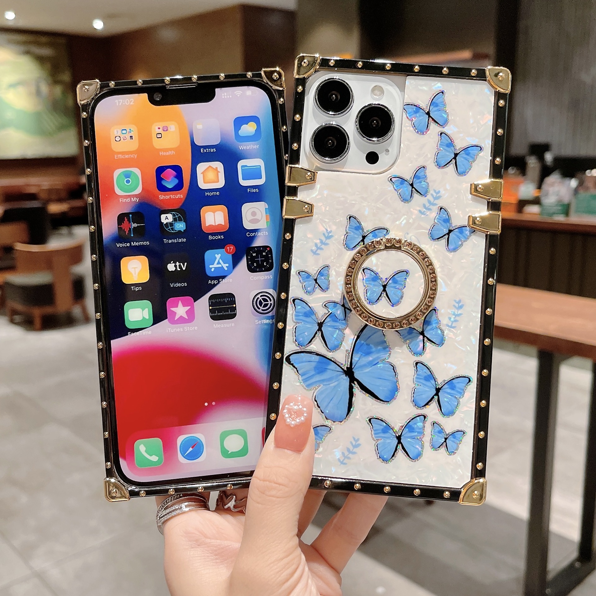 New Glitter Shell Butterfly Square Phone Case Ring Holder For Infinix Tecno iPhone Samsung OPPO Huawei Phones Covers