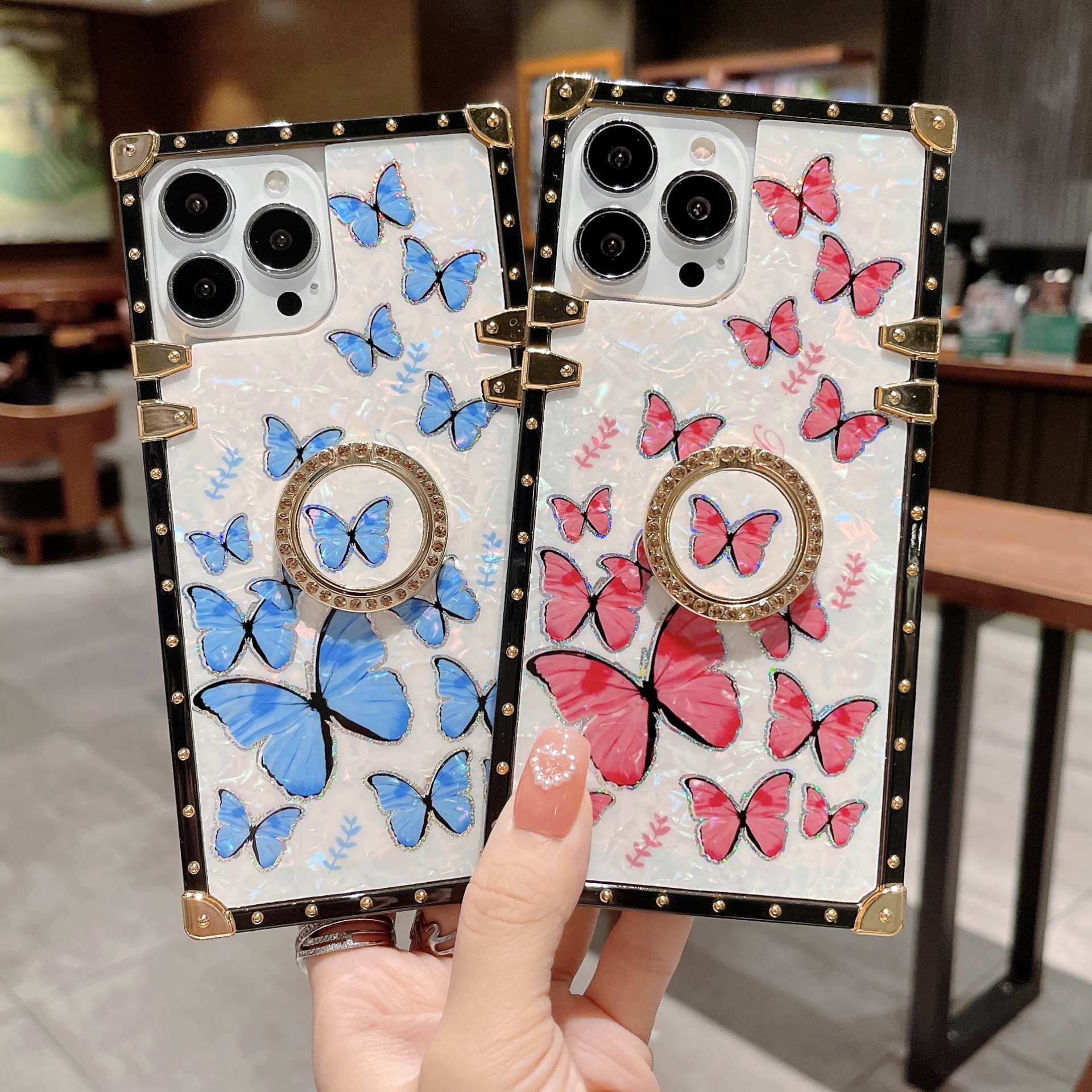 New Glitter Shell Butterfly Square Phone Case Ring Holder For Infinix Tecno iPhone Samsung OPPO Huawei Phones Covers