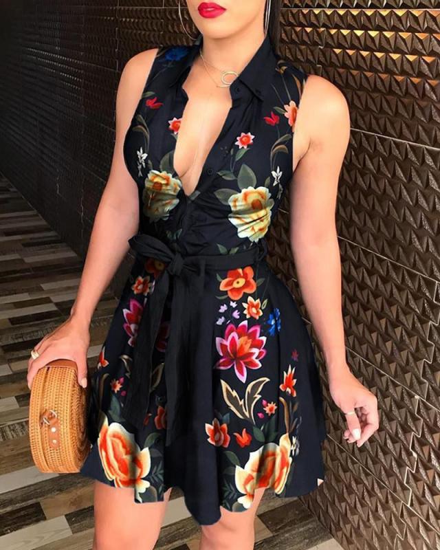 New Sexy Dresses Print Mini Skirts Elastic Waist Sashes Turn-down Collar Sleeveless A-LINE Dress Fashion Slim Summer Trend Women Clothing