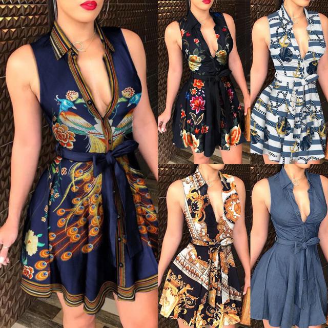 New Sexy Dresses Print Mini Skirts Elastic Waist Sashes Turn-down Collar Sleeveless A-LINE Dress Fashion Slim Summer Trend Women Clothing