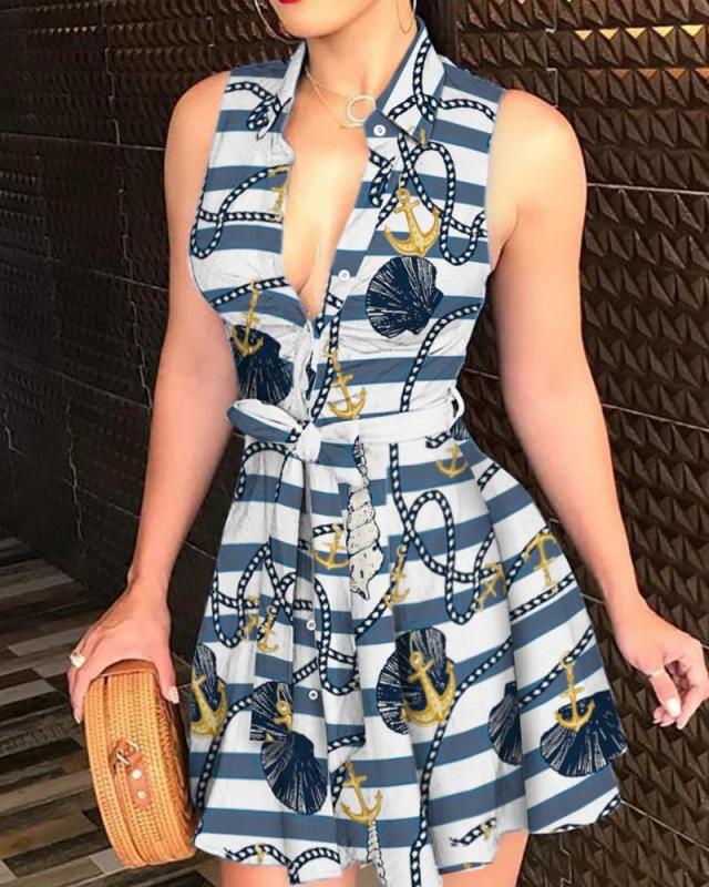 New Sexy Dresses Print Mini Skirts Elastic Waist Sashes Turn-down Collar Sleeveless A-LINE Dress Fashion Slim Summer Trend Women Clothing
