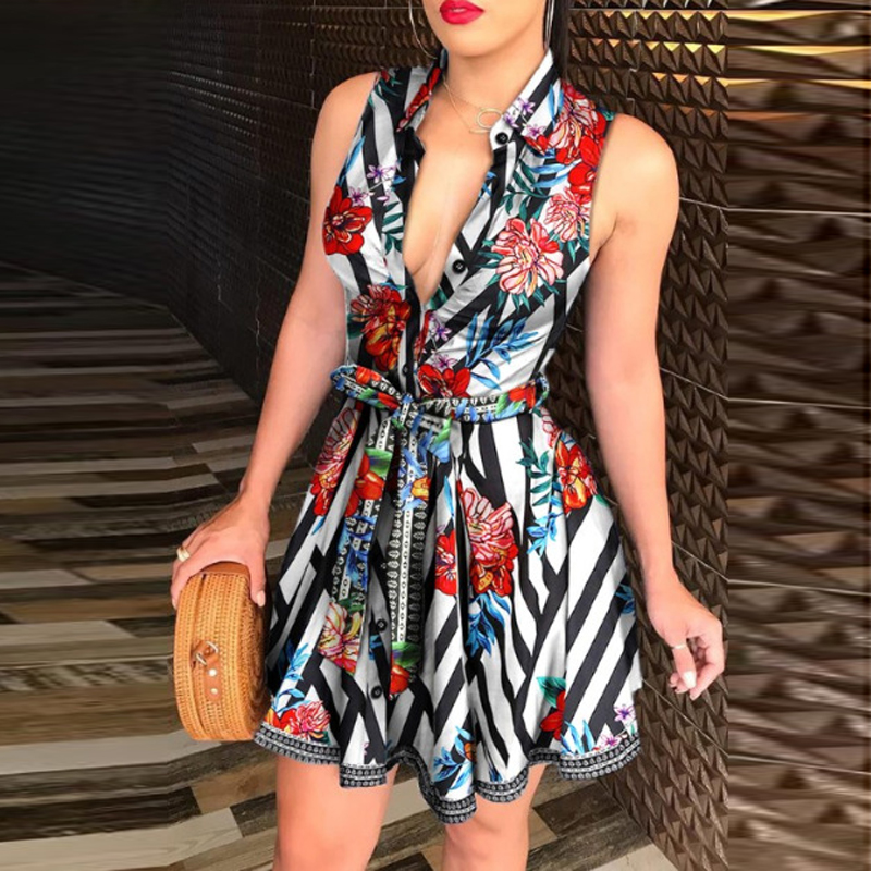 New Sexy Dresses Print Mini Skirts Elastic Waist Sashes Turn-down Collar Sleeveless A-LINE Dress Fashion Slim Summer Trend Women Clothing