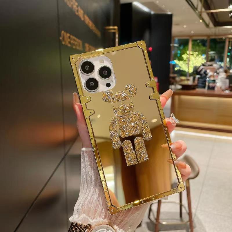 Luxury Golden Glitter Bear Square Case Mirror Phone Cases For Infinix Tecno POP5 iPhone Samsung OPPO Huawei Itel Phones Covers