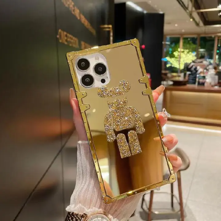 Luxury Golden Glitter Bear Square Case Mirror Phone Cases For Infinix Tecno POP5 iPhone Samsung OPPO Huawei Itel Phones Covers