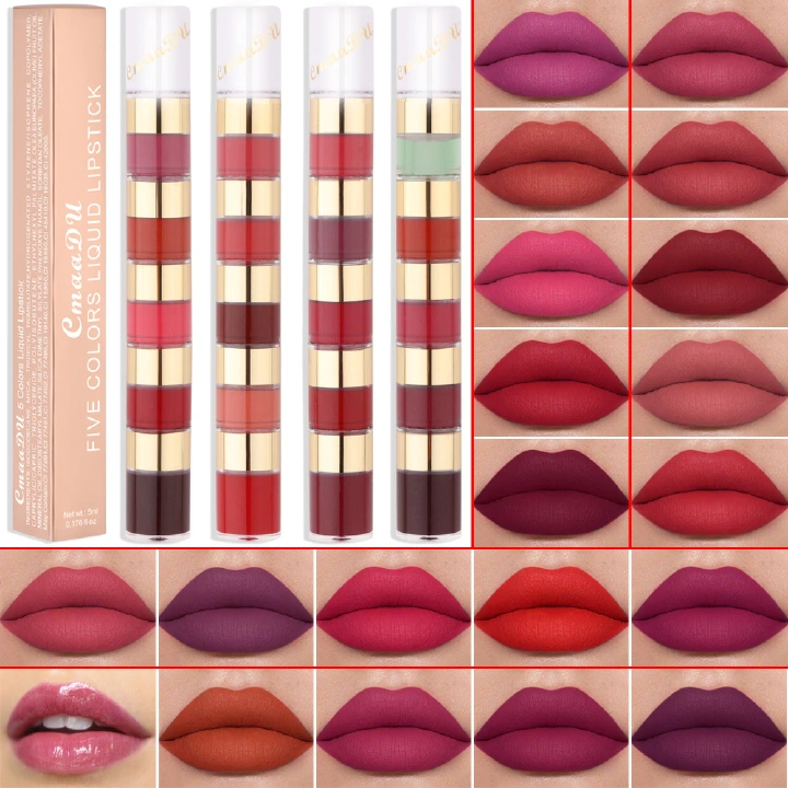 New 5 In 1 Matte Lipstick Kit Liploss Combo Strip Velvet Red Lip Tint Non-stick Cup Lip Gloss Lip Oil Makeup Lips Cosmetic Set Gift