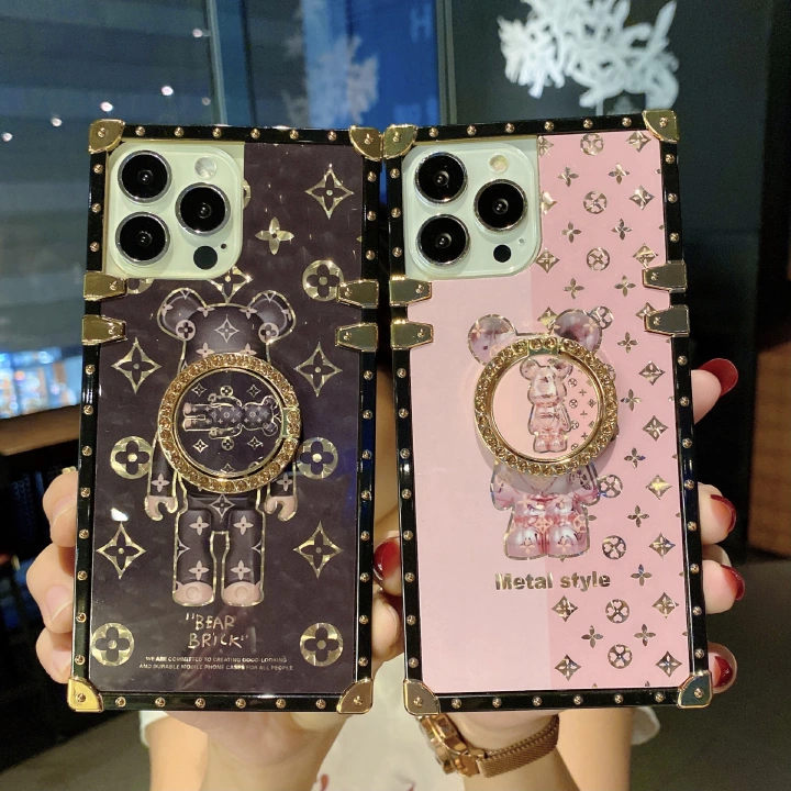 New Luxury Glitter Bear Square Case Brand Phone Cases For Tecno iPhone Samsung OPPO Huawei Phones Covers