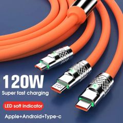 6A 120W 3 In 1 Charging Cable USB Fast Charger Cable For iPhone Micro USB Type-C Charging Cable For Huawei Samsung Xiaomi Wird Cord orange