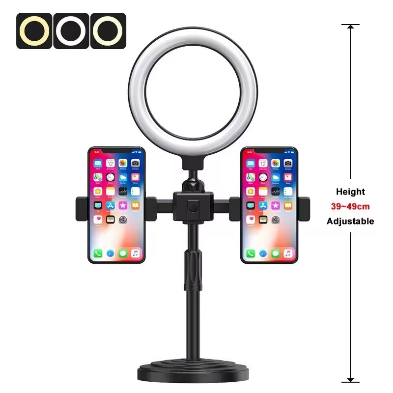 6inch Selfie Ring Light With Tripod Stand 2 Phones Holders Desktop Ring Light for Video Recording Live Broadcast Live Streaming Selfie Makeup Video Photography Selfie Lights