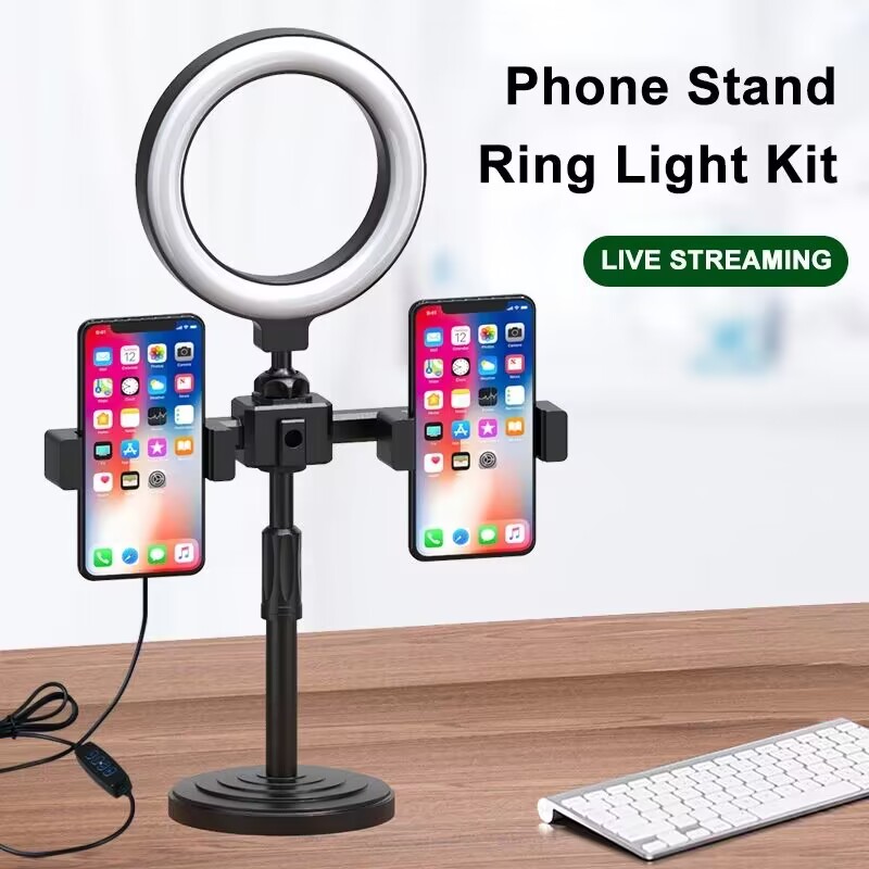 6inch Selfie Ring Light With Tripod Stand 2 Phones Holders Desktop Ring Light for Video Recording Live Broadcast Live Streaming Selfie Makeup Video Photography Selfie Lights